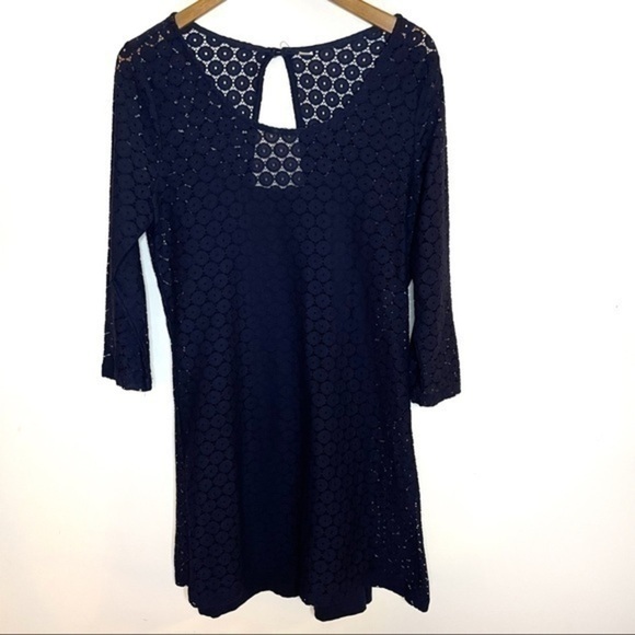 Quiksilver Sheer Lace Shift Dress With Slip Navy Keyhole Cutout Back Large - Picture 3 of 10